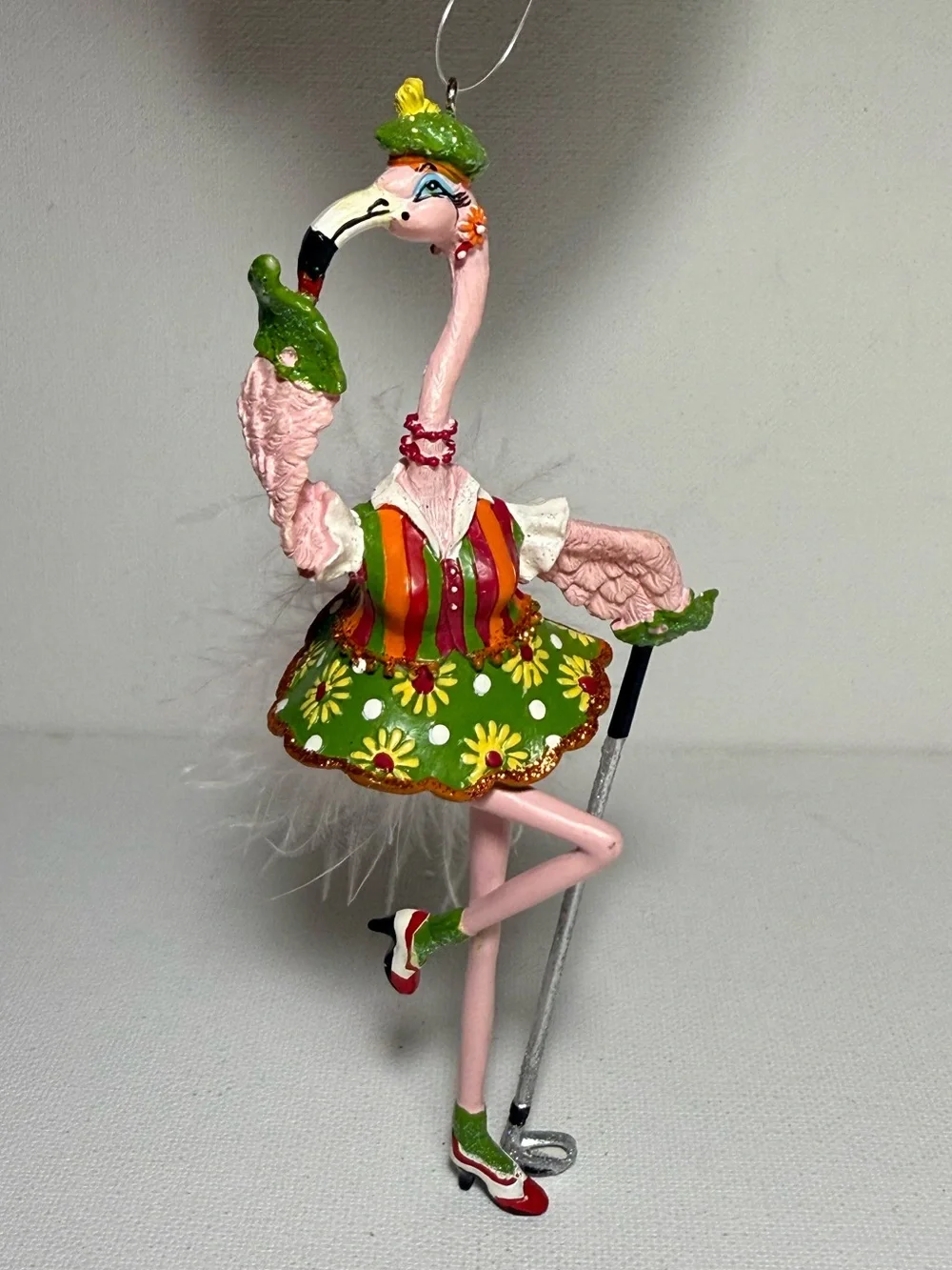 Flirty Feathers Birdie Golfing Flamingo Ornament With Box And Tags EUC